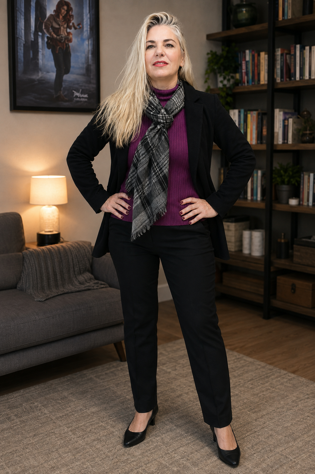 Nenni Almeida de blusa magenta e blazer preto em seu espaço de atendimento
